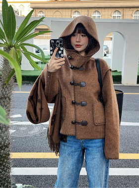 ASBR 原C料！伯爵红茶绵羊毛搭扣刺绣连帽复古大衣25冬新款美拉德