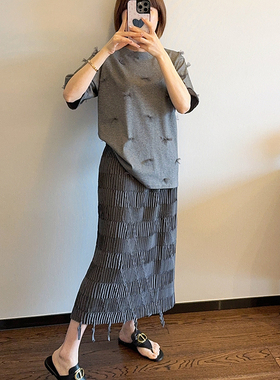 ASBR设计师买手店 立体网纱花卉T恤+休闲压褶半身裙~格雷系穿搭！