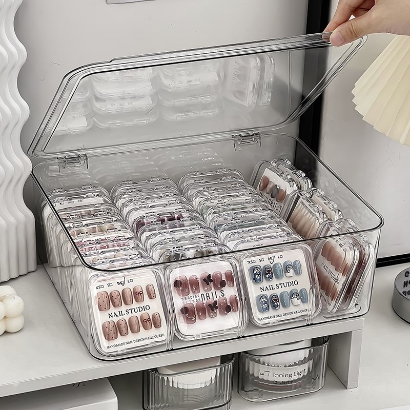 美甲收纳盒桌面亚克力大容量防尘透明轻奢甲片展示穿戴甲盒子