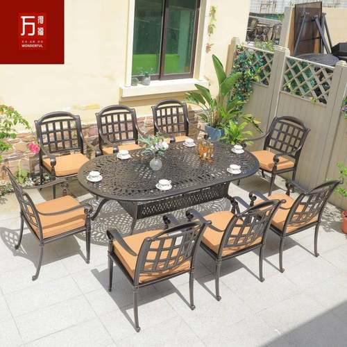 户外铸铝桌椅椭圆形长台桌椅组合室外庭院阳台防水防晒桌椅组合