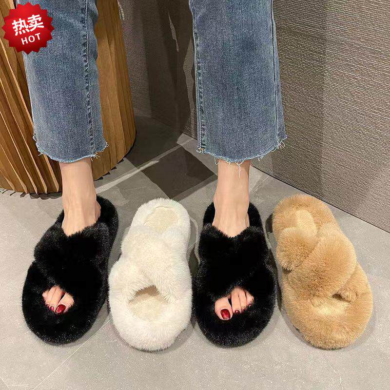 仙女风网红同款百搭毛毛拖鞋女冬季外穿厚底防滑保暖交叉棉鞋增高