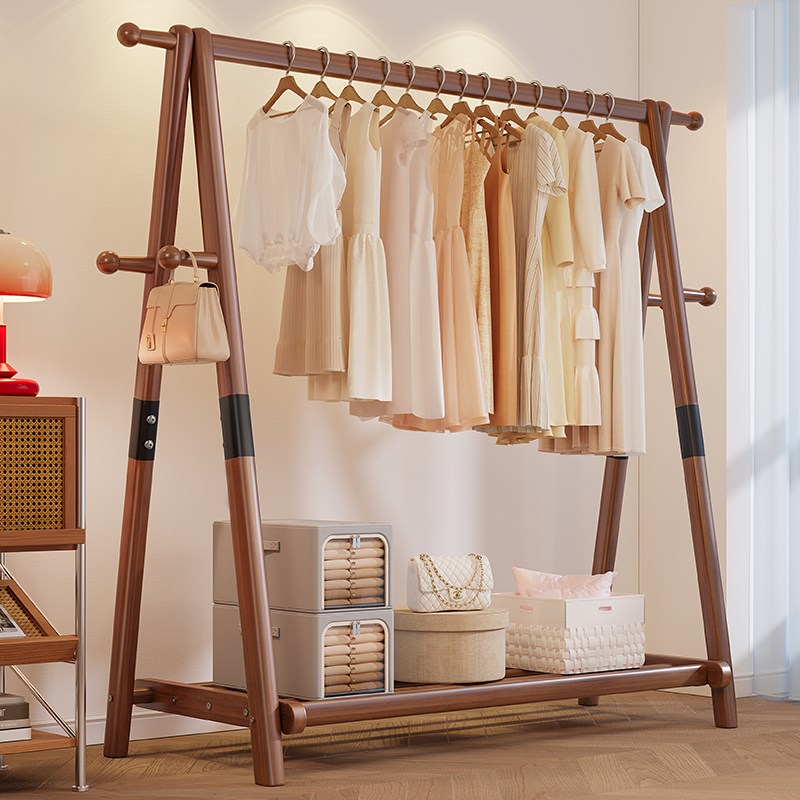 实木衣帽架落地卧室家用挂衣架房间室内折叠立式简易木质晾衣架子