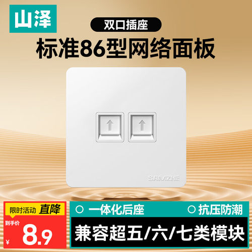 山泽网线网络双口面板 86型超五/六/七类信息模块通用 白色WAN-02