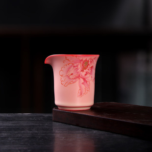 青瓷猪油冻手绘荷花公道杯李辉熠粉红可养复古中式 茶海泡茶分茶器