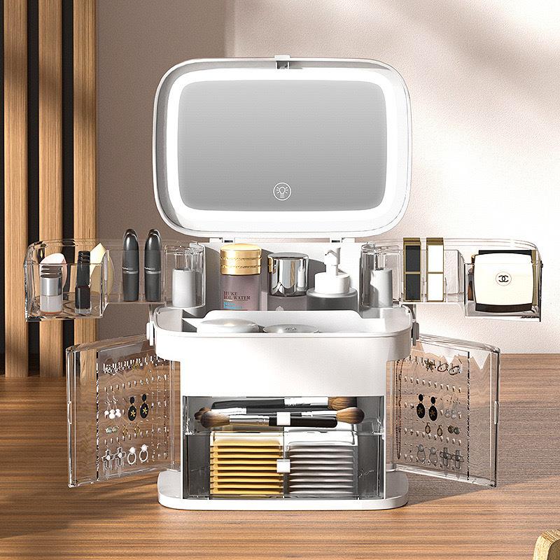 带LED灯镜子化妆品收纳盒桌面高级感大容量盒子化妆刷收纳梳妆台