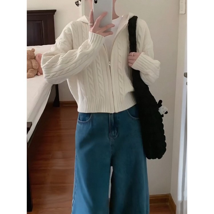 LEKA韩版麻花连帽拉链针
