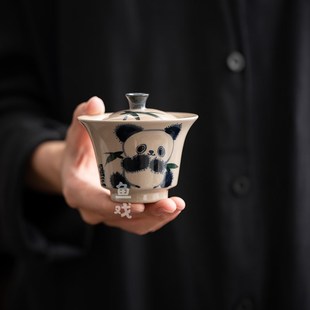 家用泡茶碗单个防烫手抓碗 鱼戏手绘熊猫陶瓷盖碗草木灰釉下彩中式