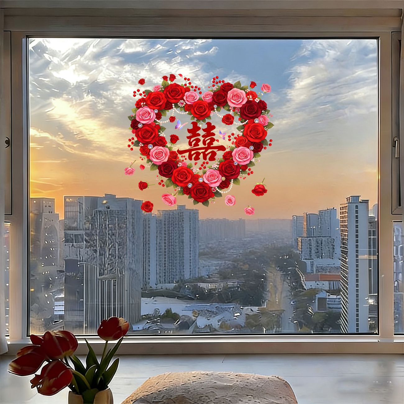 新款结婚窗花创意设计3D立体玫瑰卧室布置客厅装饰玻璃门窗订婚庆