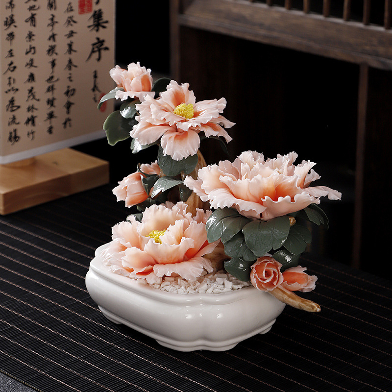 高端陶瓷手工花牡丹盆景摆件乔迁家居客厅电视柜茶室桌面装饰摆件