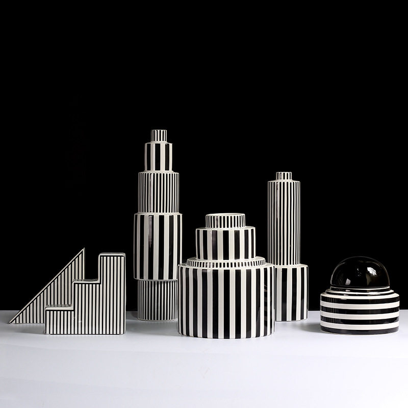 现代简约北欧意式极简黑白条纹陶瓷花瓶插摆件家居样板间软装饰品,模玩/动漫/周边/娃圈三坑/桌游,文化/体育周边,淘宝优惠券,粉丝福利购,淘宝优惠卷