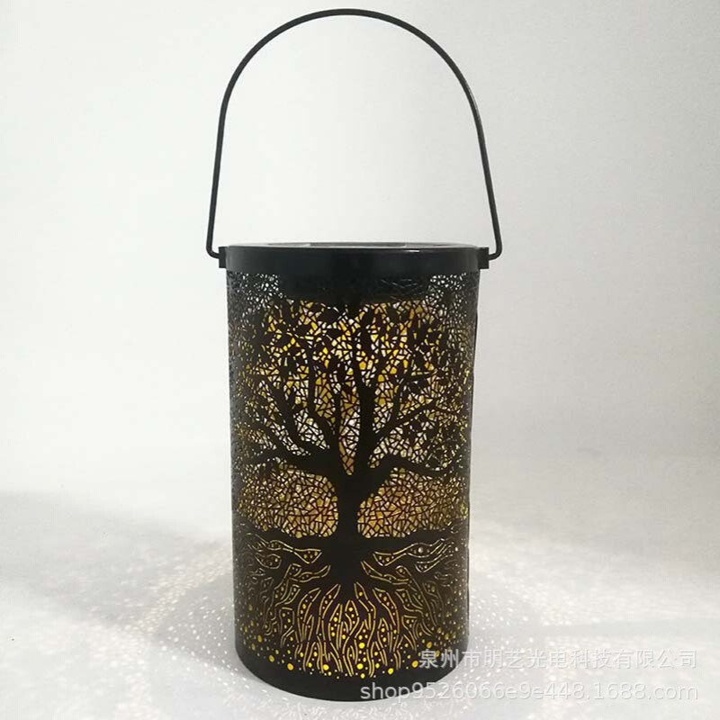 厂家直销爆款铁艺太阳能灯庭院金属镂空灯直桶两棵树投光景观灯