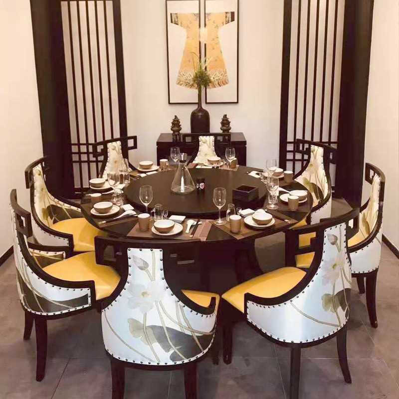 新中式圆形餐桌椅组合 现代实木圆桌带转盘酒店包厢餐桌家具 现货