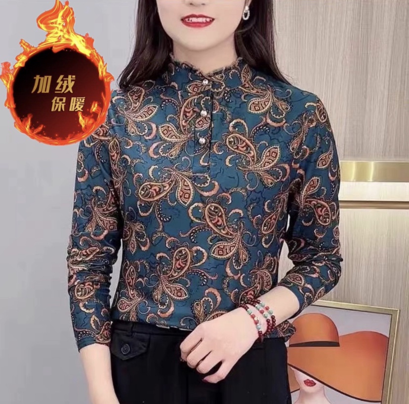 加绒妈妈装时尚立领花色打底2023秋季新款宽松遮肚中老年大码女装