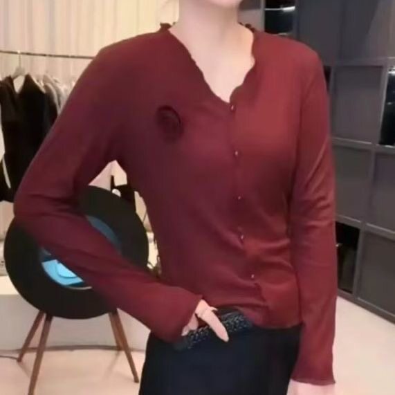 高级长袖t恤女V领纯色一朵花春秋新款设计感时尚百搭显瘦遮肉上衣图片