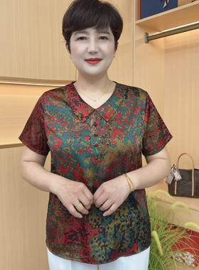 2025新款时尚透气短袖t恤衫女夏季宽松小衫妈妈休闲缎面衬衫上衣