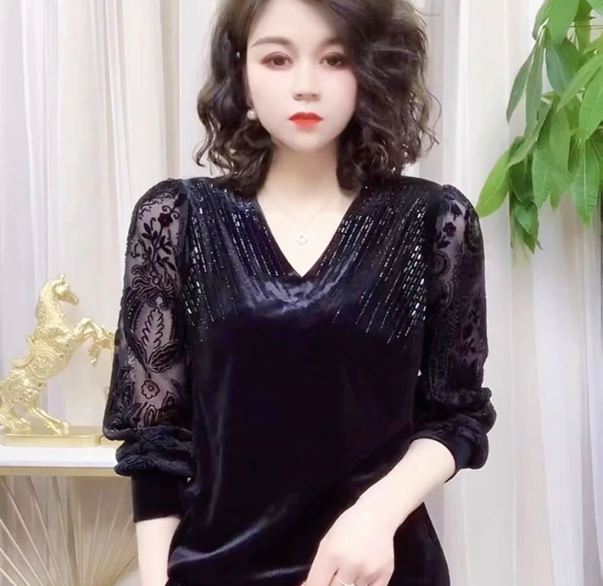 中年常规洋气长袖烫钻