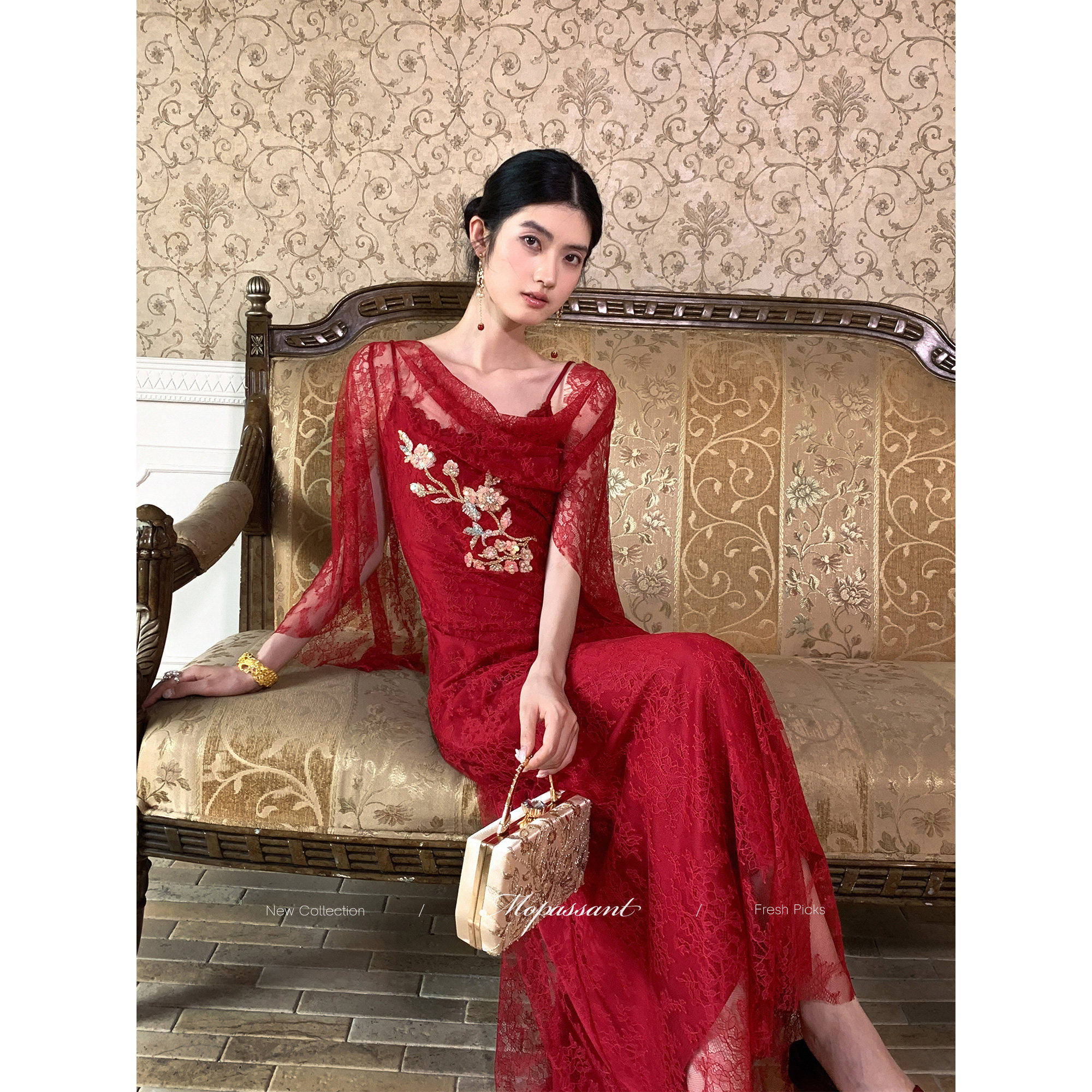 MOPASSANT【绯月柔纱】新中式婚礼新娘蕾丝红色连衣裙两件套