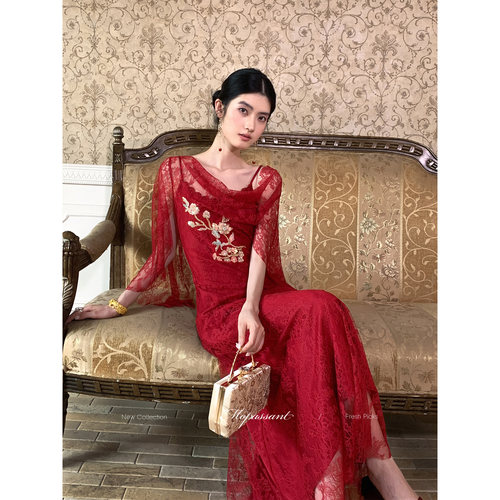 MOPASSANT【绯月柔纱】新中式婚礼新娘蕾丝红色连衣裙两件套