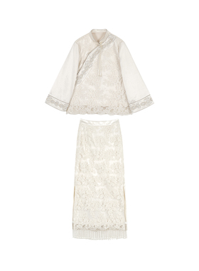 【玉影缠花】冯（CHAOMEI 国风新中式重工蕾丝刺绣立领外套套装