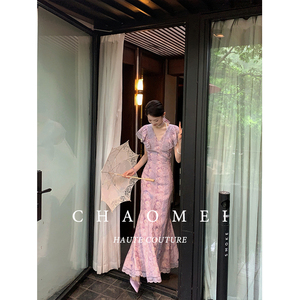 冯（CHAOMEI【古董蔷薇】新中式天丝风信紫花边装饰鱼尾连衣裙