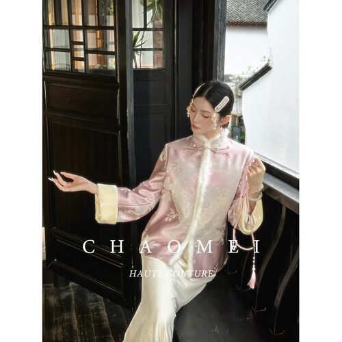 年中清仓【掌上明珠】新中式国风女装水貂毛粉色刺绣羽绒服女