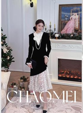 冯（CHAOMEI【夜宴】原创法式轻奢重工蕾丝拼接连衣裙TG02424