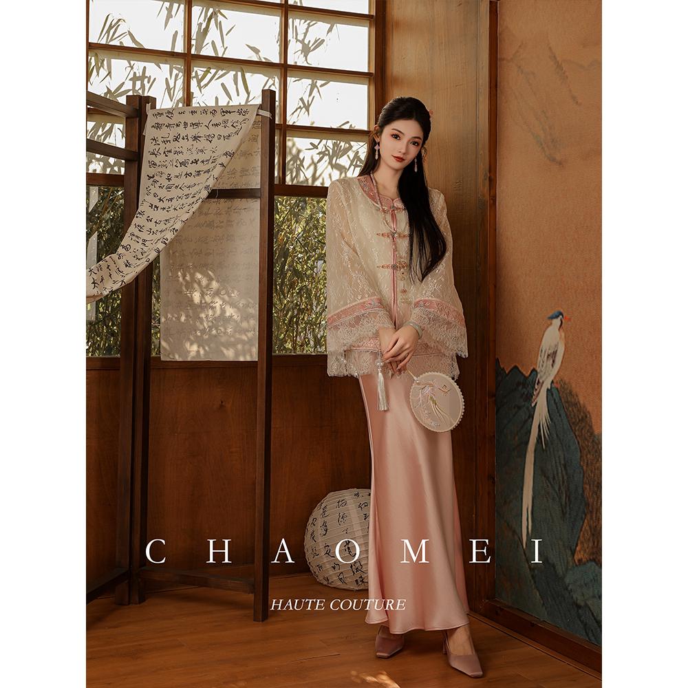 冯（CHAOMEI【粉黛玉】米色外套显瘦蕾丝衫长袖新中式TG024114