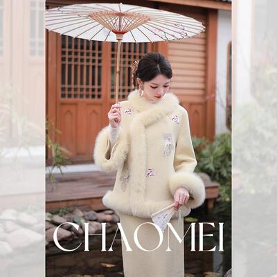 断码清仓【锦鲤】新中式羊毛双面呢刺绣毛领毛呢外套半裙套装