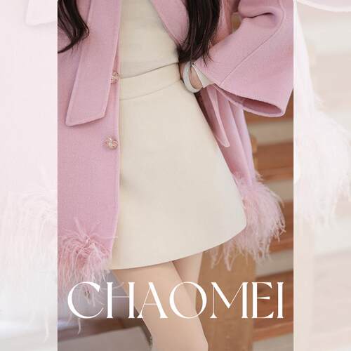 冯CHAOMEI粉红佳人羊毛双面呢裙