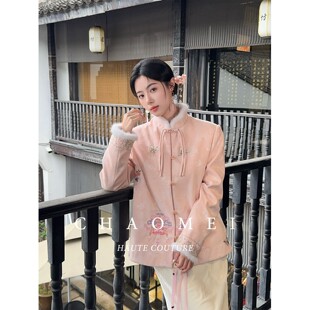 闭店【福蝶】国风新中式淡粉色水貂毛绣花羽绒服