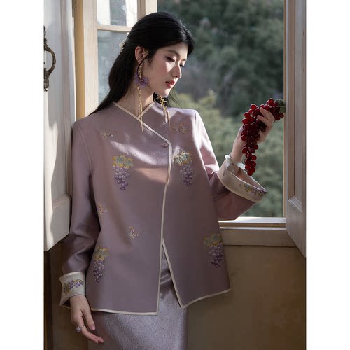 MOPASSANT 【紫葡吟】新中式双面可穿醋酸刺绣宽松外套半裙套装