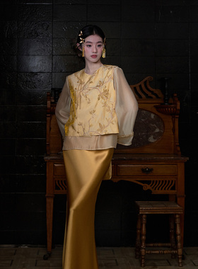 MOPASSANT 3/20上新【金玉满堂】新中式显瘦刺绣马甲衬衫半裙套装