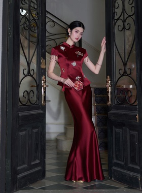 MOPASSANT【棠红】新中式婚礼订婚服新娘敬酒服醋酸刺绣套装女