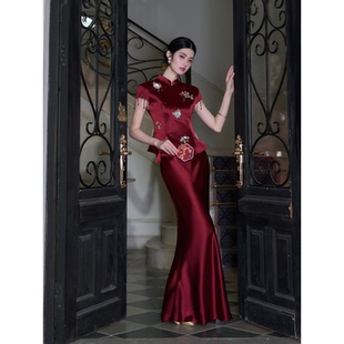 MOPASSANT 新中式 婚礼订婚服新娘敬酒服醋酸刺绣套装 女 棠红
