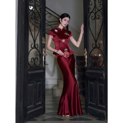 MOPASSANT【棠红】新中式婚礼订婚服新娘敬酒服醋酸刺绣套装女