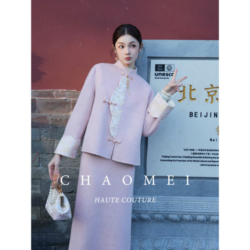 冯（CHAOMEI【金粉世家】国风新中式100绵羊毛桃夭粉双面呢套装