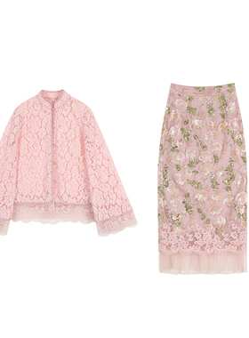 【花绯花】冯（CHAOMEI 法式温柔风圆领蕾丝上衣+披肩+半身裙套装