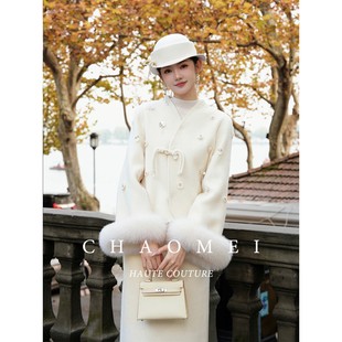 年终特惠【留洋日记】新中式门襟盘扣绵羊毛狐狸毛外套+半裙