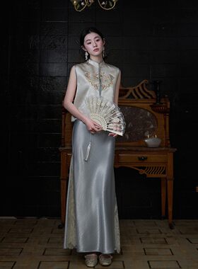 年中清仓【清禾】新中式醋酸刺绣双面穿马甲半裙套装女