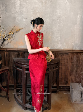 MOPASSANT【砚朱】新中式婚礼红色新娘敬酒服订婚服马甲半裙套装