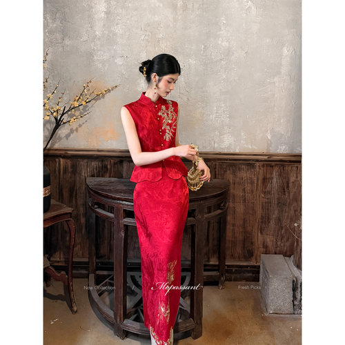 MOPASSANT【砚朱】新中式婚礼红色新娘敬酒服订婚服马甲半裙套装
