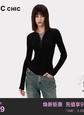 LINCCHIC金羽杰内搭打底衫女修身绑带设计针织衫女上衣S243SW532