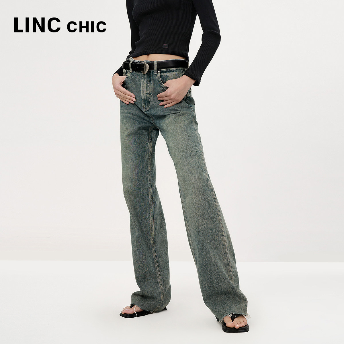 LINC金羽杰直筒牛仔裤女复古高腰阔腿牛仔裤宽松裤子女款JE482Y