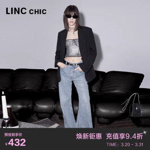 LINC金羽杰复古直筒蓝色牛仔裤 女JE397Y 棉感高腰阔腿直筒牛仔裤