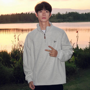 加绒美式立领半拉链卫衣男秋冬季衣服重磅无帽长袖内搭打底衫