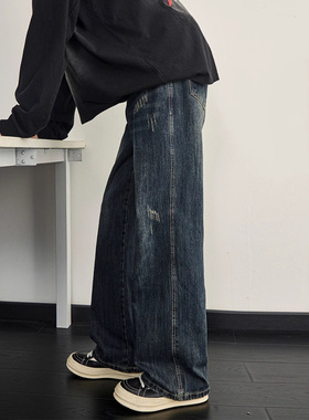 蓝色复古牛仔裤男秋冬季刮烂宽松直筒阔腿裤美式潮牌高街长裤子