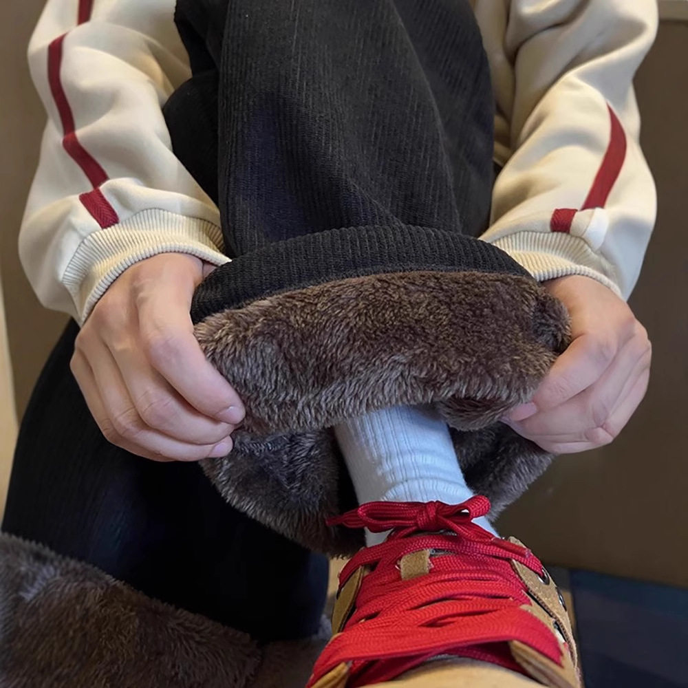 灯芯绒超厚羊羔绒裤子男加绒加厚黑色保暖冬季青少年一体绒阔腿裤