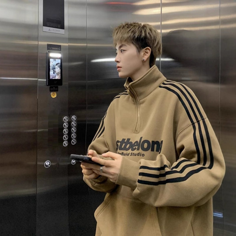 加绒加厚半拉链立领卫衣男秋冬季无帽美式青少年初中生高中生潮牌