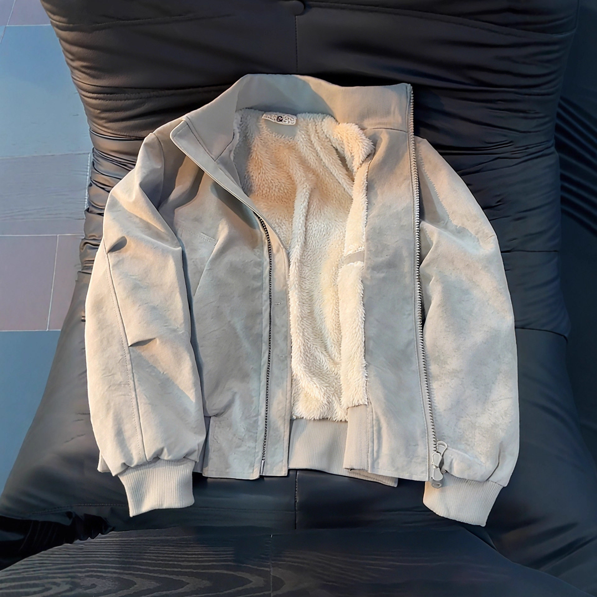 浅灰色扎染pu皮衣外套棉服男冬季加绒保暖棉衣美式立领飞行员夹克