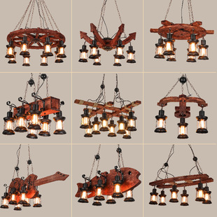 美式复古船木头吊灯工业风创意网咖酒吧台装饰美发店餐厅麻绳吊灯